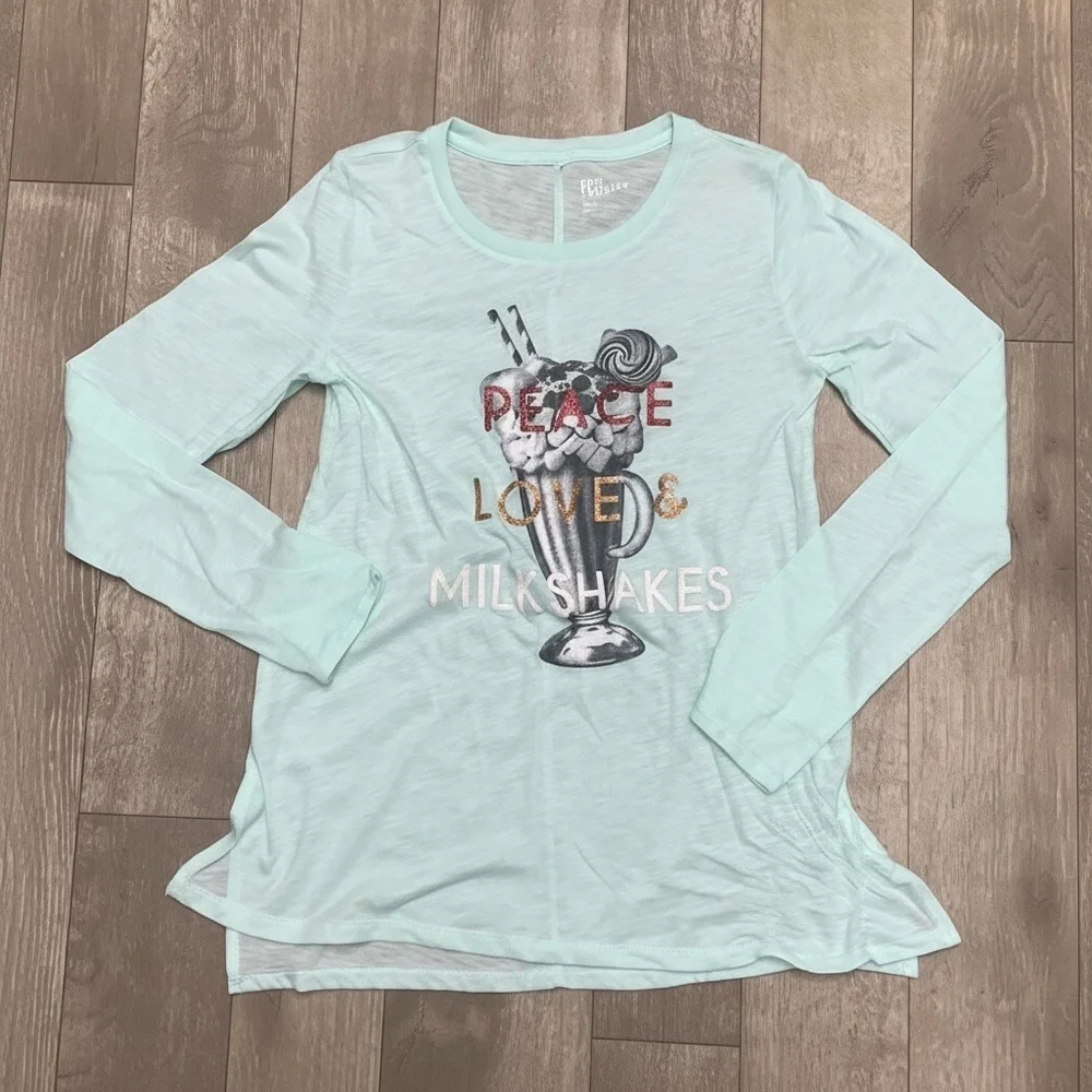 EPIC THREADS Girls Mint Green Tunic Tee Peace Love Milkshakes Long Sleeve Top M